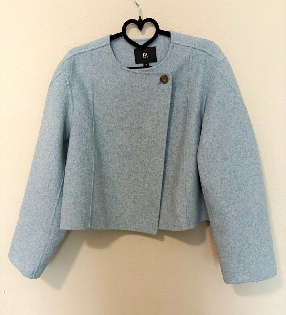 BR Estero Dbl-faced Wool Blend Cropped Jacket Sea Glass Heather Button Front Med